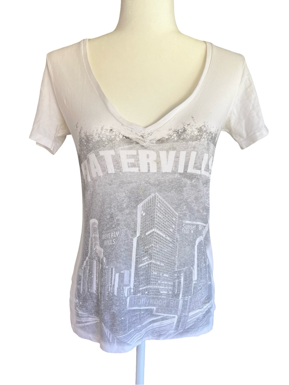 Rare VTG ANCHOR BLUE Y2K Haterville Los Angeles Themed Deep-V S T-Shirt USA-Made